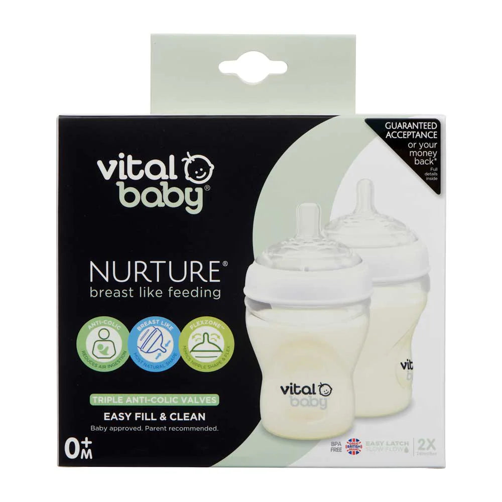 Vital Baby Nurture Breast-Like Feeding Bottle 240ml  2 Pack 0+ Months
