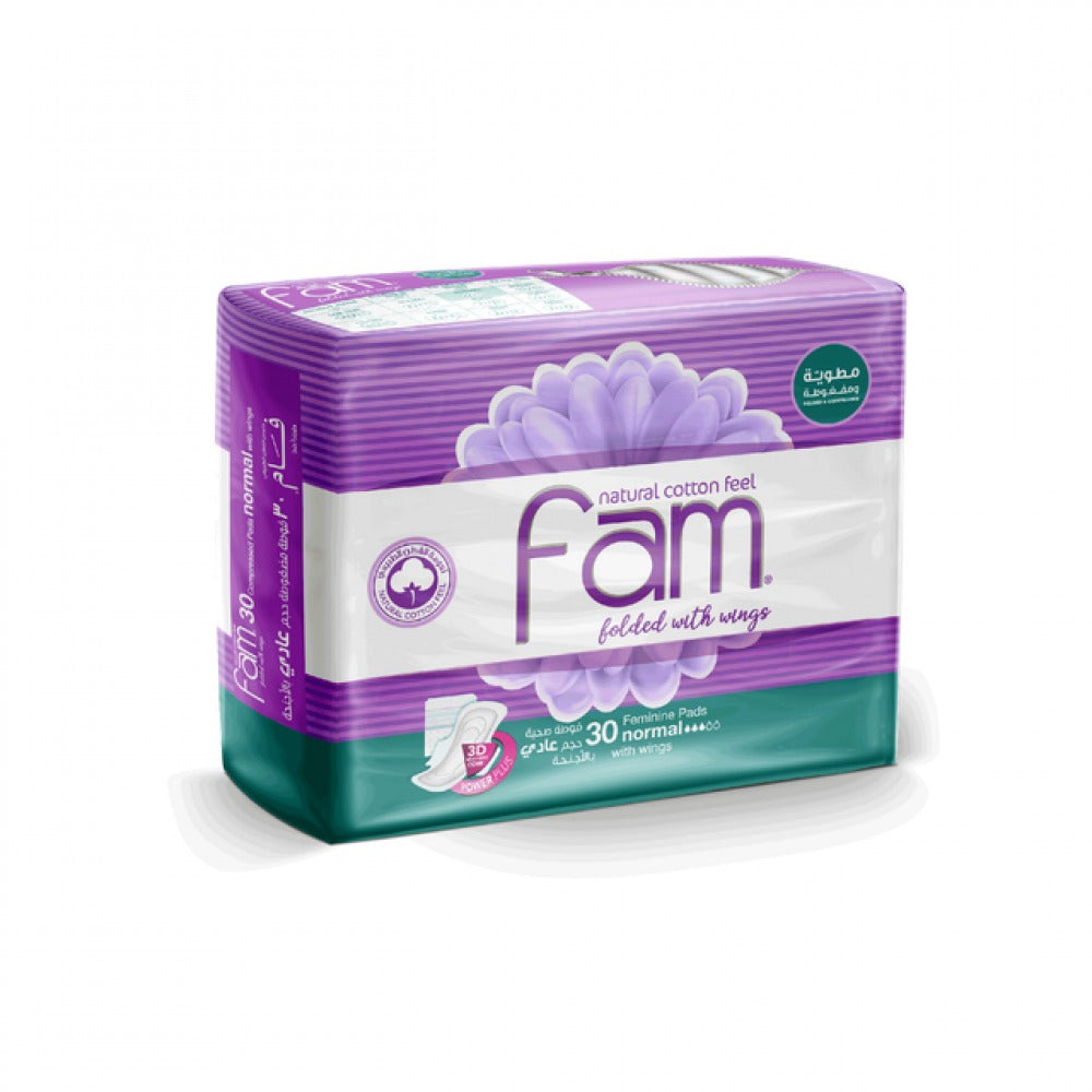 Fam Feminine Pads Natural Cotton Feel With Wings Normal 30