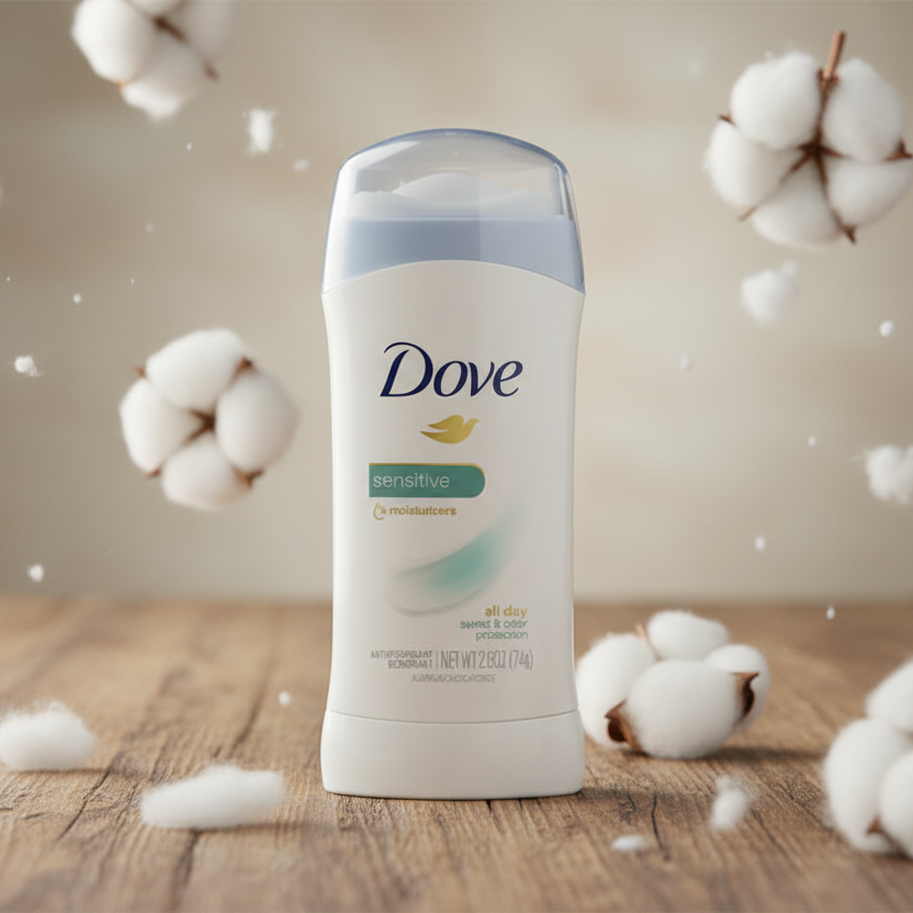 مزيل عرق دوف للبشرة الحساسة 74 غرام، يوفر حماية لطيفة من العرق والرائحة للبشرة الحساسة، متوفر لدى ملسا.