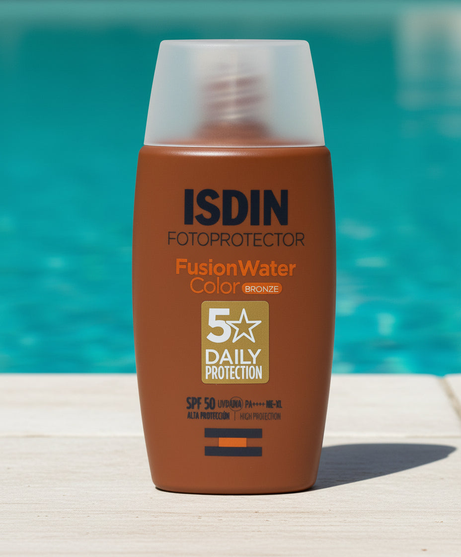 واقي شمس مائي من إزدين فيوجن ووتر برونز تينت بعامل حماية ٥٠، لحماية يومية للوجه.
واقي شمس برونزي اللون بعامل حماية ٥٠ من إزدين، متوفر للتوصيل في دول مجلس التعاون الخليجي من  ملسا.