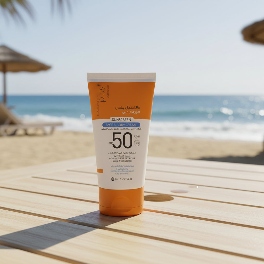 Panthenol Plus SPF 50 cream color sunscreen providing UVA and UVB protection at MALSA