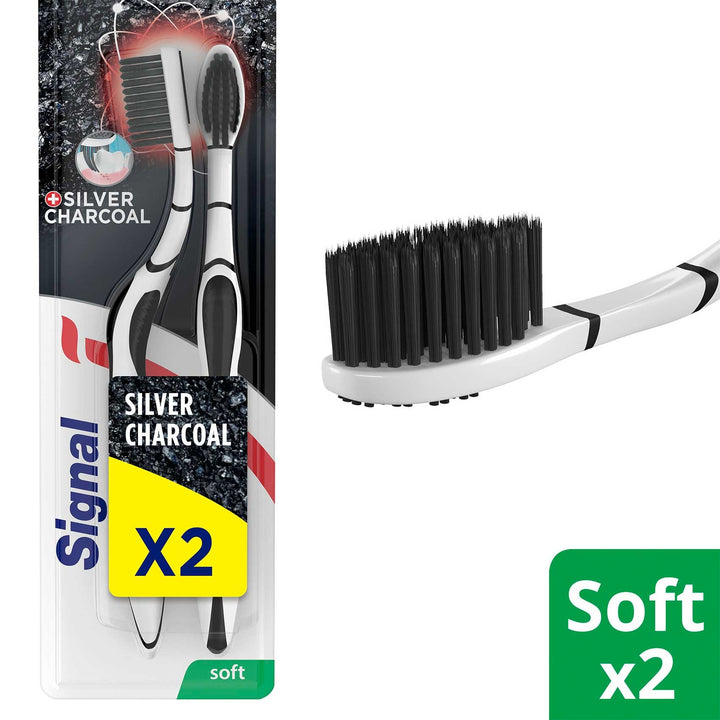 فرشاة أسنان ناعمة من سيجنال فضية وفحم، قطعتين