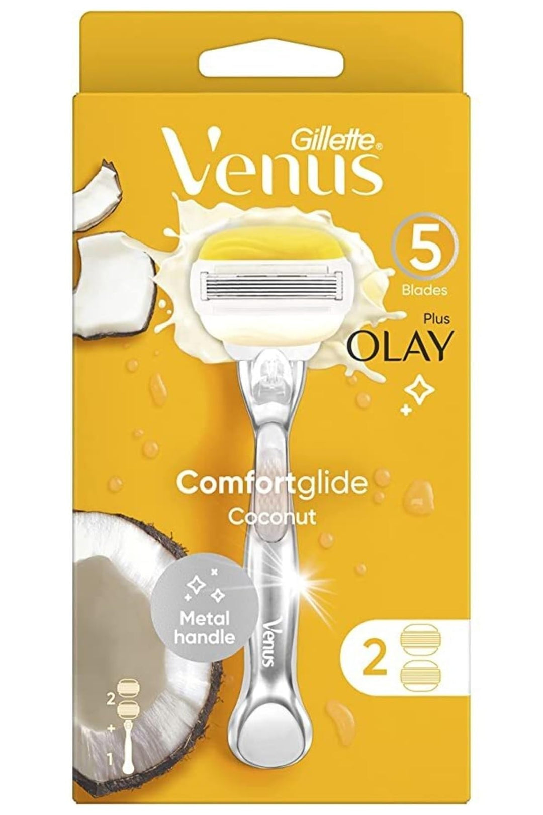 GILLETTE VENUS RAZOR COMFORTGLIDE WITH OLAY COCONUT FOR WOMEN METAL HANDLE + 2 BLADE