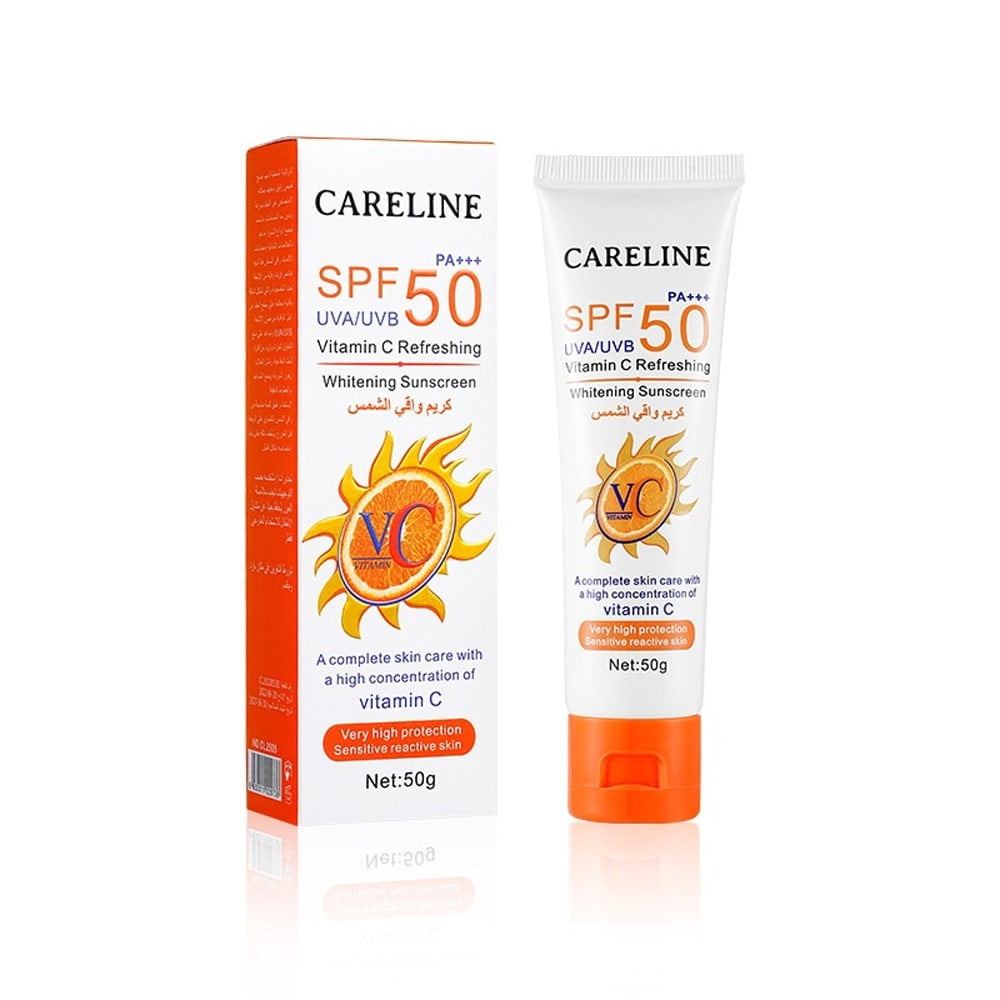 CARELINE Vitamin C sunscreen SPF 50 for daily facial sun protection from MALSA
CARELINE SPF 50 sunscreen suitable for Saudi Arabia and GCC climate