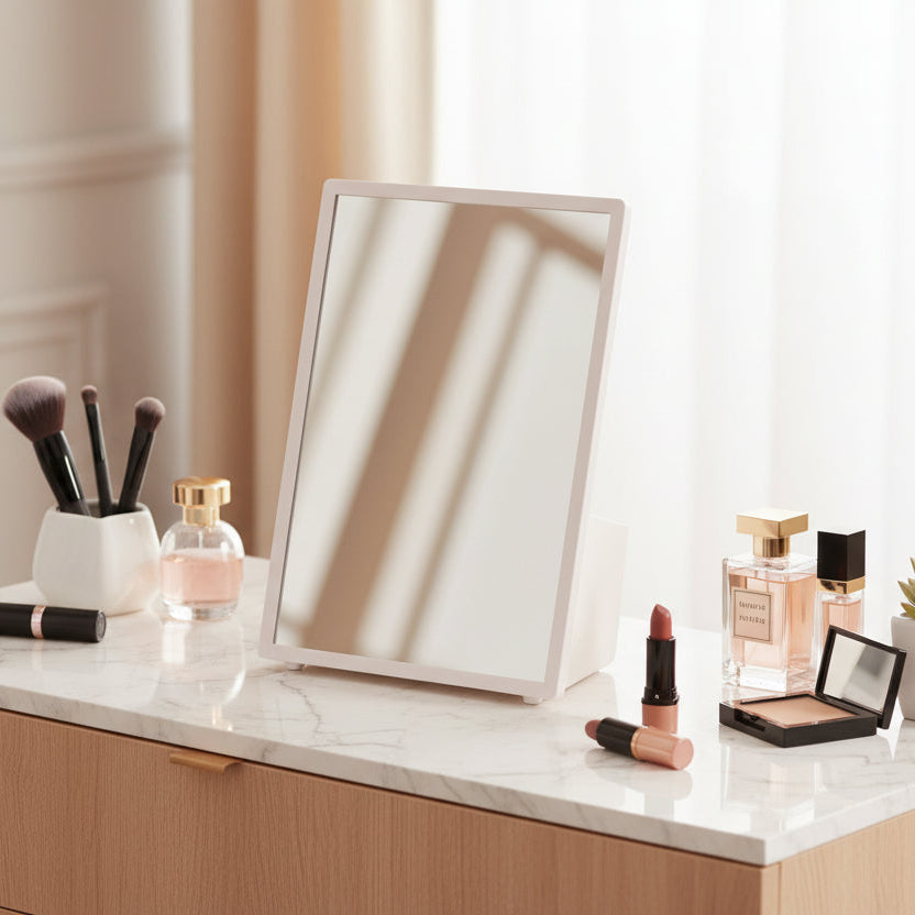 مرآة طاولة مربعة للتخزين مع منظم مكياج للاستخدام اليومي للعناية بالجمال والأناقة الشخصية في ملسا